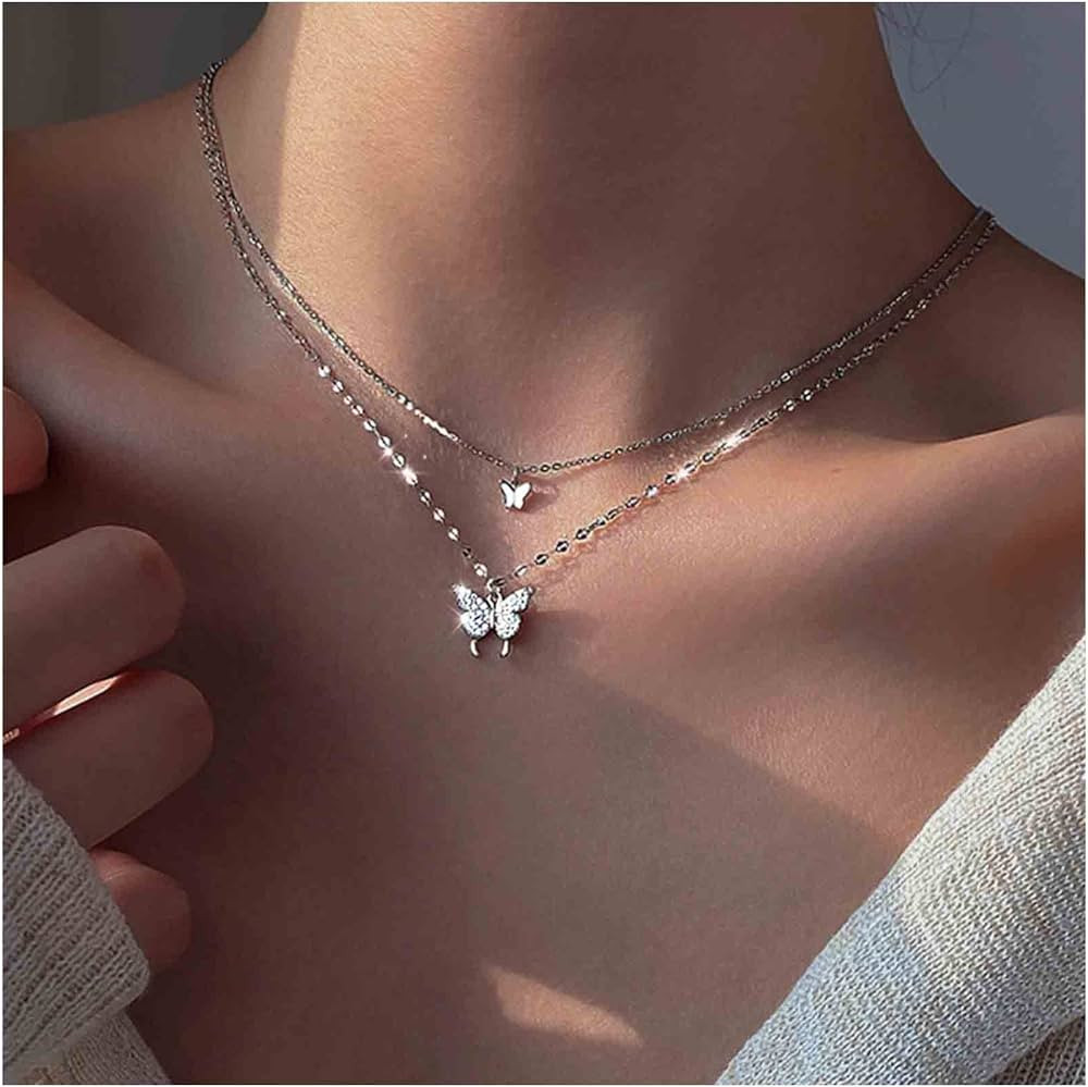 Erimberate Bohemian Butterfly Pendant Necklace Choker Silver Crystal Choker Necklace Layered Lace... | Amazon (US)