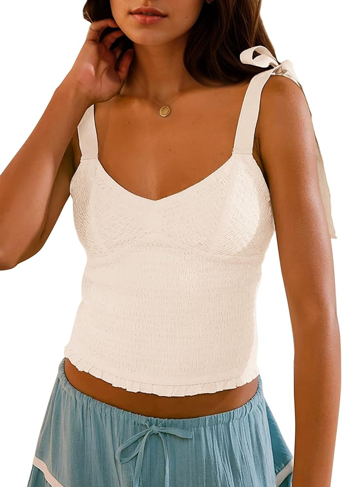 Meladyan Women’s Cute Lace Up Sleeveless Crop Tops Pleated Textured Sweetheart Neck Ruffle Trim... | Amazon (US)