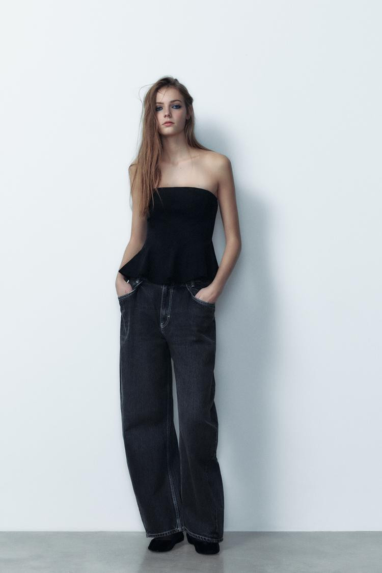 FAUX SUEDE STRAPLESS PEPLUM TOP | Zara US