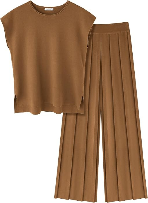 Ekouaer Lounge Sets for Women Two Piece Outfits Knit Cap Sleeve Tops Wide Leg Pleated Pants Casual Dressy Sweater Sets | Amazon (US)