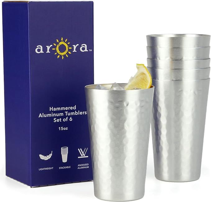 ARORA Aluminum Cups, Metal Anodized Hammered Silver Color Tumbler Set, Aluminum Cold-Drink Cup 15... | Amazon (US)