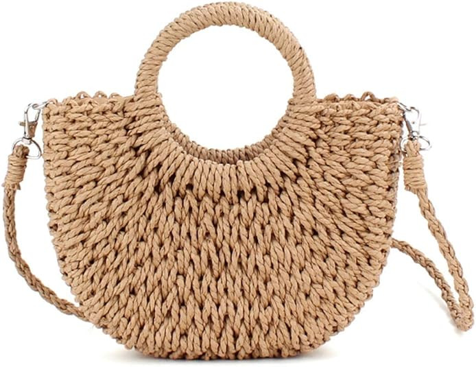 Mini Semi-circle Rattan Straw Bag, Hand-woven Women Summer Retro Beach Tote Shoulder Bag Crossbod... | Amazon (US)
