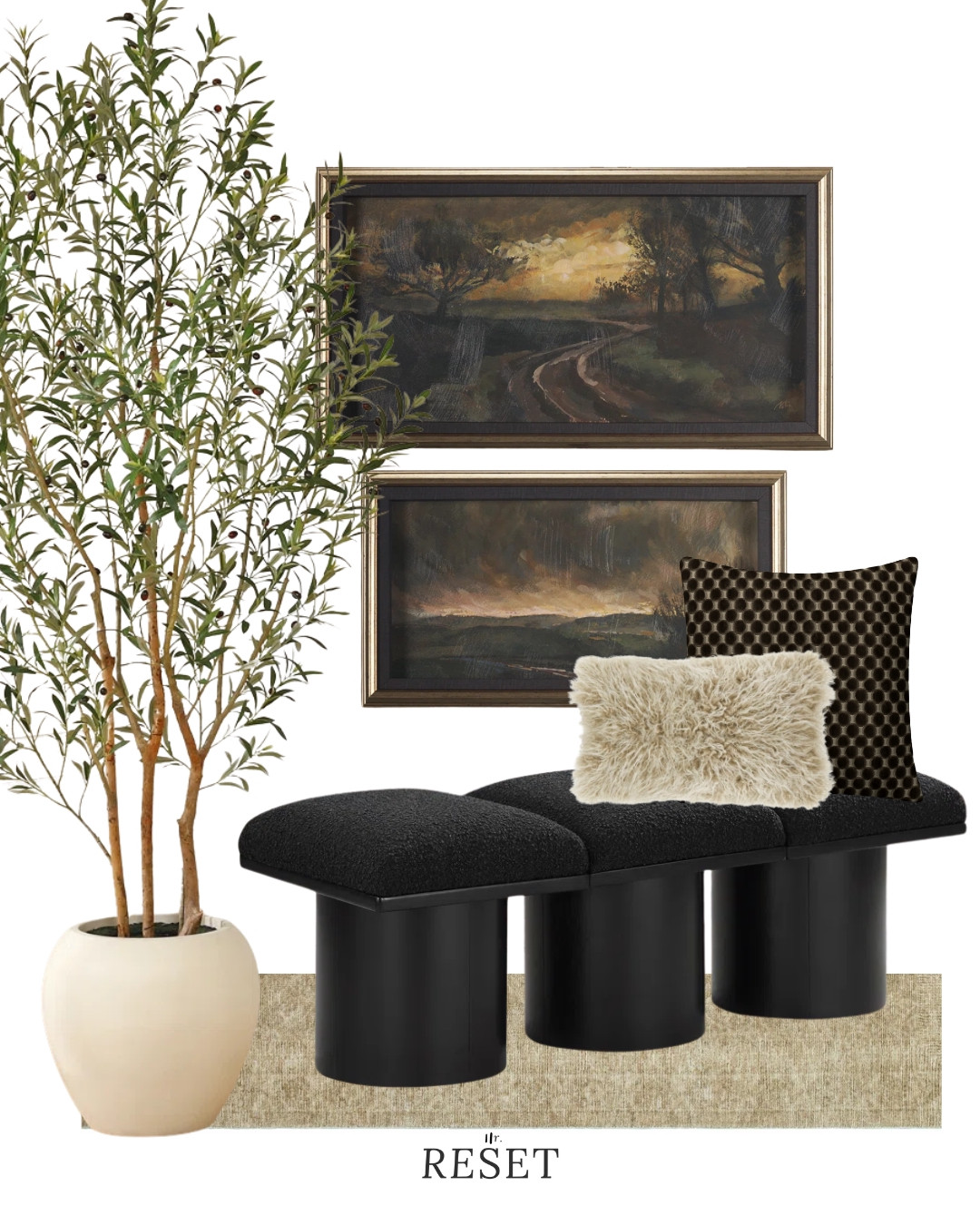 High-end neutral entryway furniture with modern seating and artwork.
Includes an upholstered bench, framed wall art, decorative pillows, and a large indoor olive tree.
Perfect for a timeless, elevated entryway or living space. 

 #LTKSeasonal #LTKHome