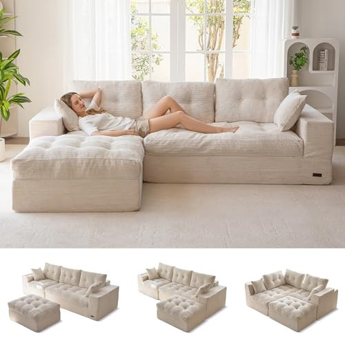 MAXYOYO 104" L Shaped Modular Sectional Sofa with Ottoman, Cloud Boneless Couch with Layered Cushion, Upholstered Sofa in a Box, Flexible Module Combination for Living Room, No Assembly, Beige | Amazon (US)