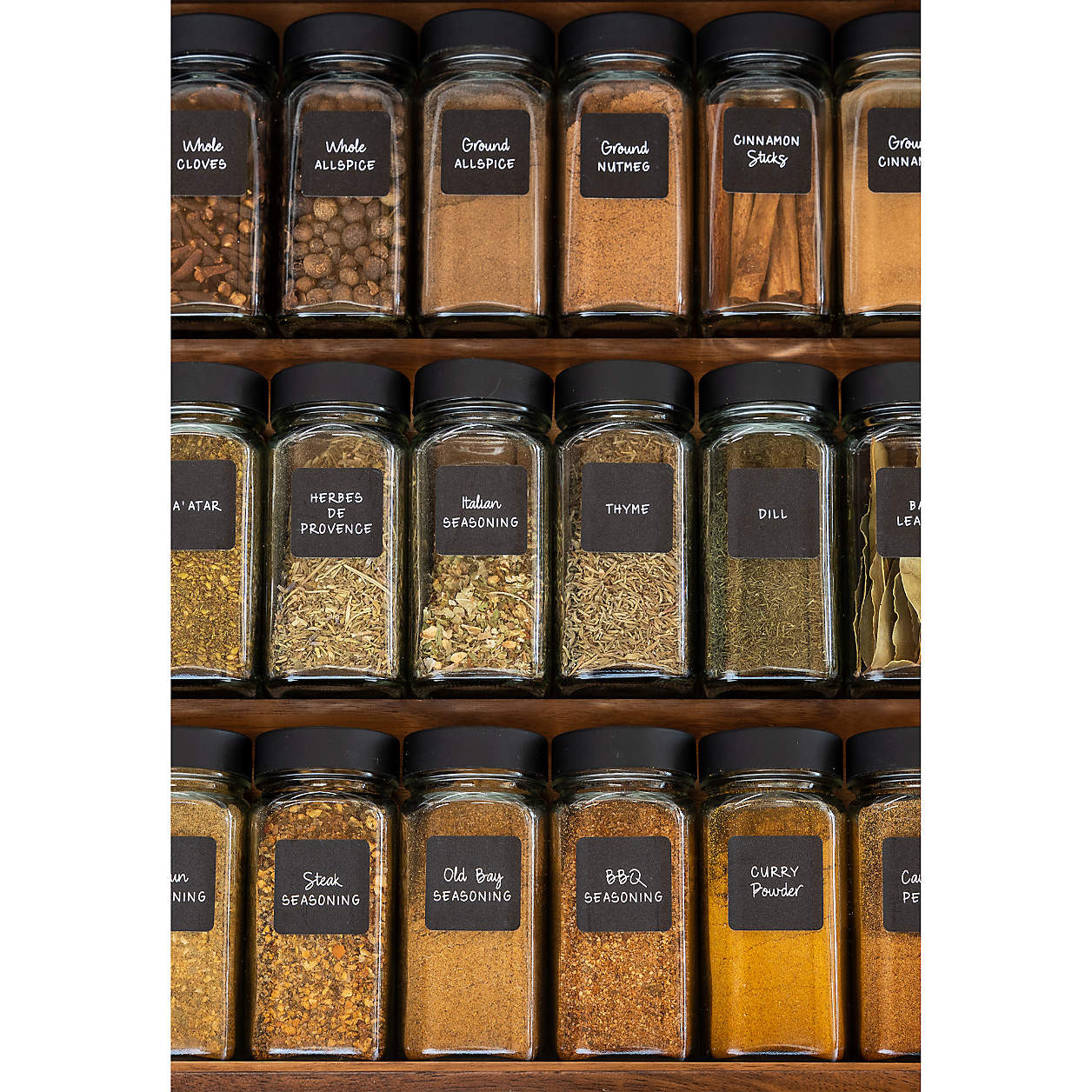 NeatMethod Glass Spice Jars with Black Lids, Set of 10 + Reviews | Crate & Barrel | Crate & Barrel