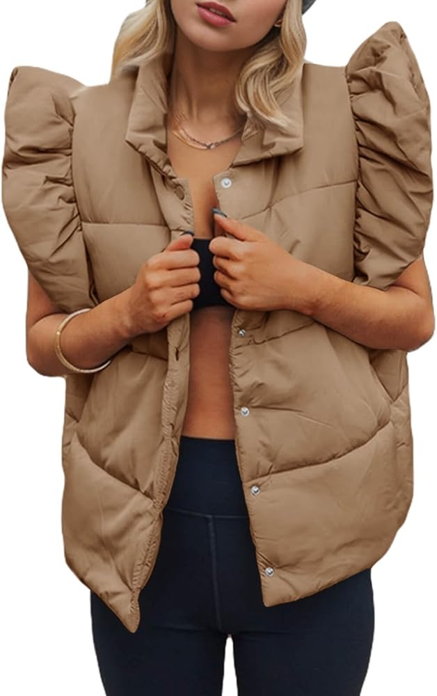 Tankaneo Womens Puffer Vest Ruffle Sleeveless Button Down Winter Warm Padded Gilet Coats | Amazon (US)