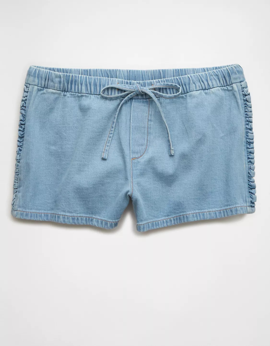 AE Stretch Low-Rise Ruffle Trim Chambray Short | American Eagle Outfitters (US & CA)