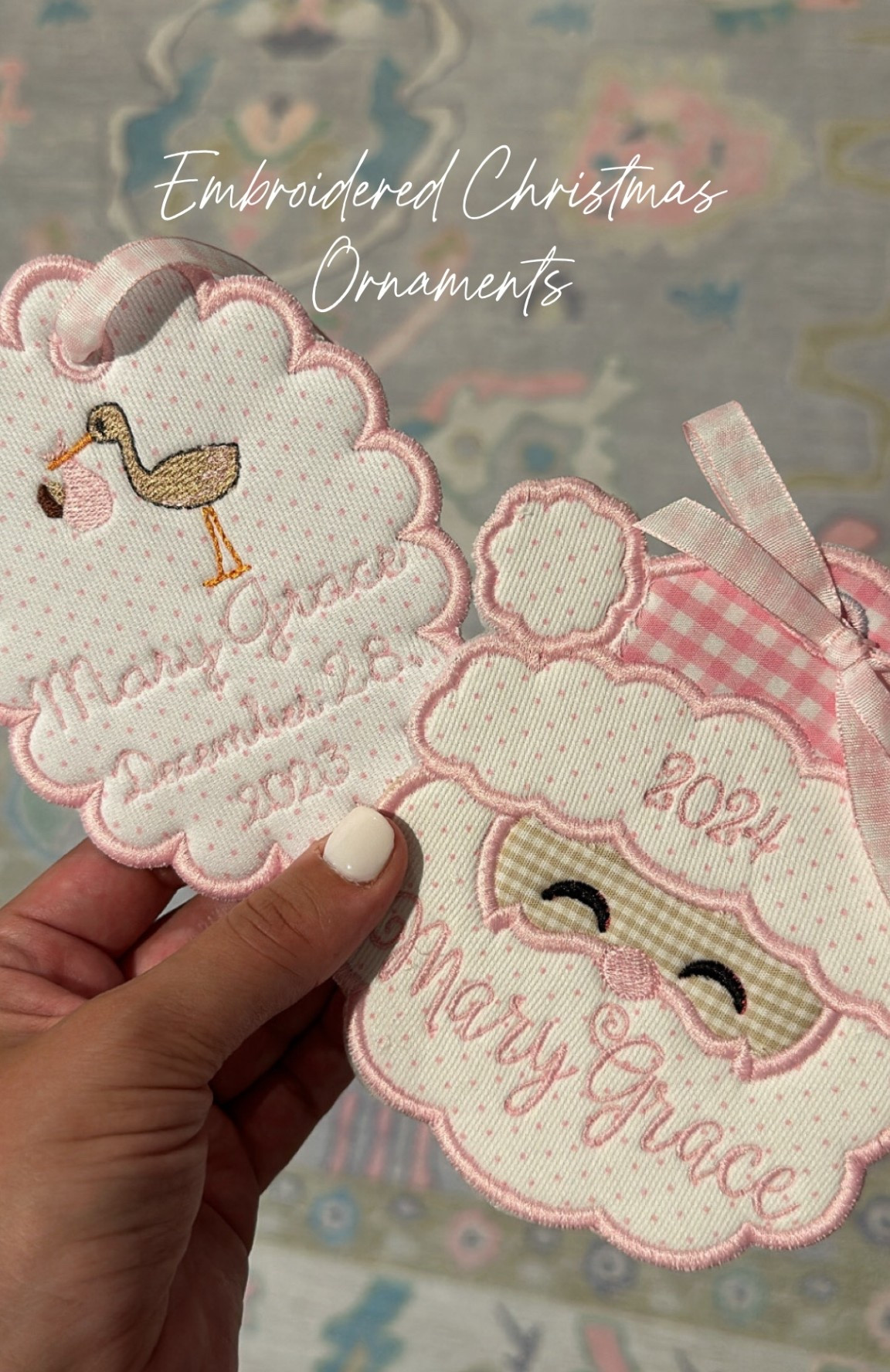 Sweet keepsake embroidery ornaments that are perfect for a new baby or baby’s first Christmas🩷🩵🎄

I keep the stork and baby one out year round on a shelf in my daughters nursery and I love it!!! The Santa one is an ornament on the Christmas tree in her nursery!! ✨

Both ornaments come in blue for boys too and the Santa comes in red as well🎅🏼

#christmas #christmasdecor #christmasdecorations #decor #decorations #stocking #christmasstocking #holiday #holidaydecor #christmastree #ornaments #keepsake #keepsakes #baby #babysfirstchristmas #babygift #babyornament #grandmillennial #grandmillenial #grandmillennialstyle #grandmillennialdecor #style #classic #classicstyle #classicdecor #timeless #timelessstyle #timelessdecor #blueandwhite #pink #santa #nutcrackers #santa #holidayvignette #holidaystyle #embroidery #embroidered #custom #personalized #shopsmall #smallbusiness #ornament #christmasornament #christmastree #christmasdecor

#LTKHoliday #LTKKids #LTKSeasonal