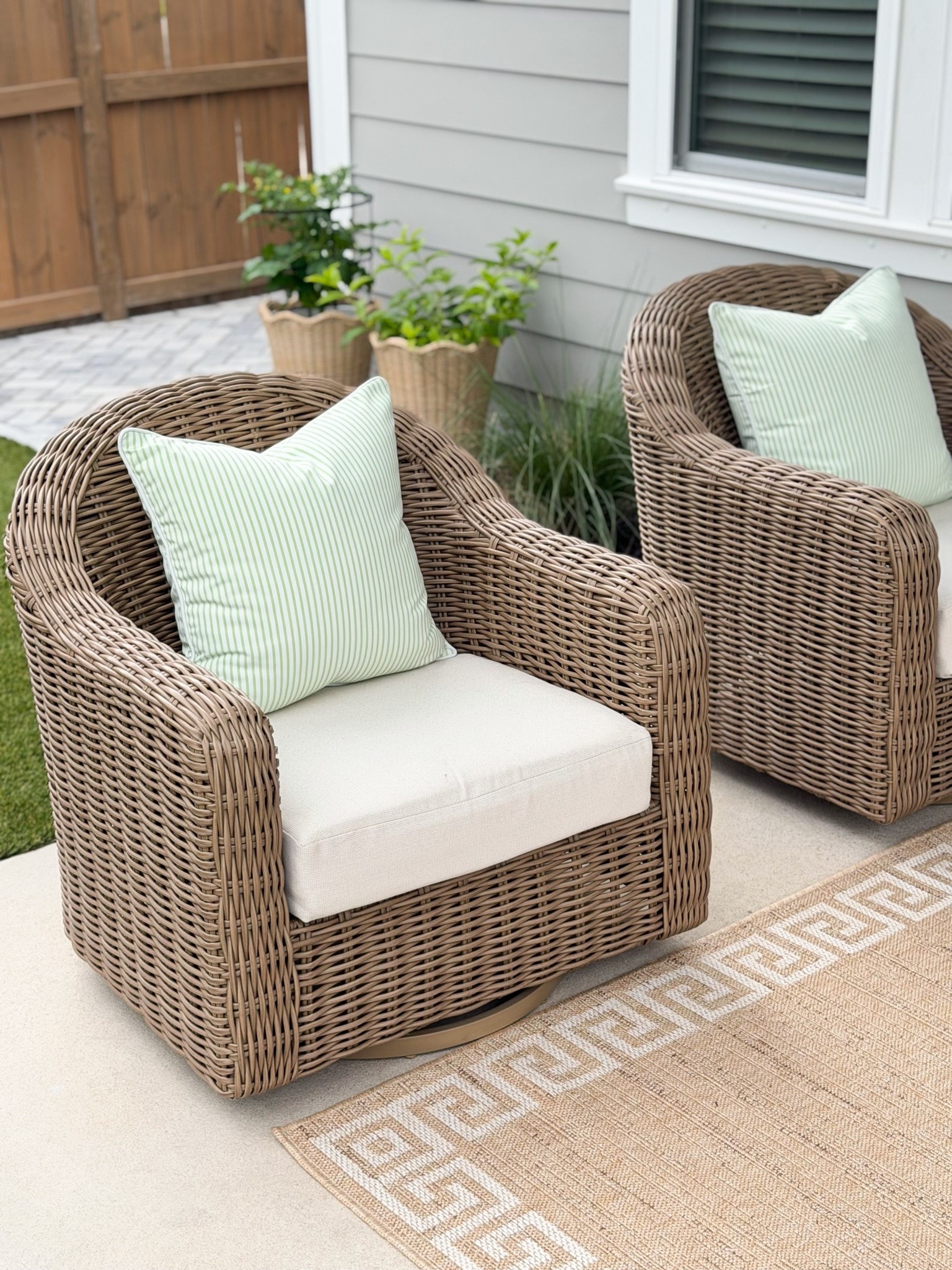 Designer or Walmart?! Obsessed with these outdoor swivel chairs. Linked the matching sofa, pillows, and rug too!

Patio decor, patio furniture, pottery barn style, Walmart outdoor furniture, Walmart patio furniture, Hofdeco pillows, outdoor pillows, Grandmillennial style

#LTKHome