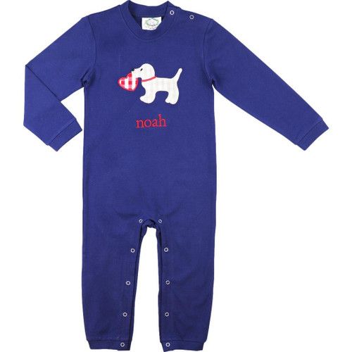 Navy Knit Applique Puppy And Heart Long Romper | Cecil and Lou