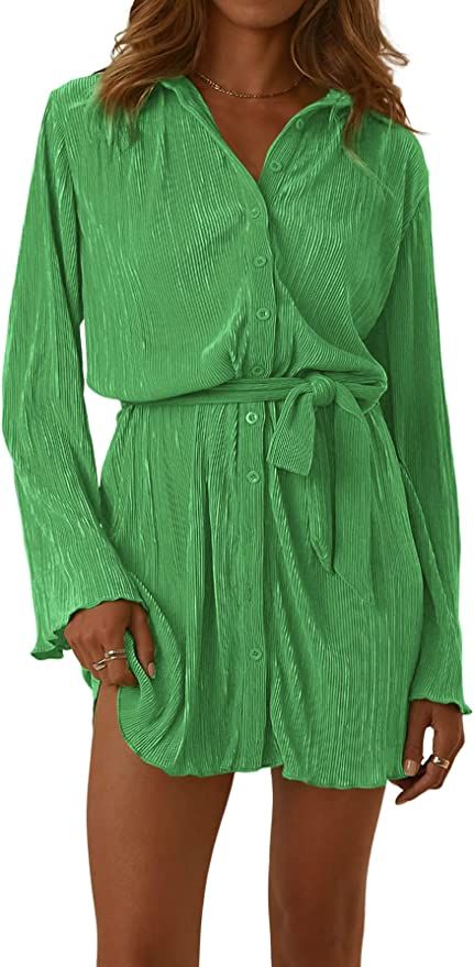 LYANER Women's Collar V Neck Button Down Pleated Long Sleeve Mini Shirt Dress with Belt | Amazon (US)