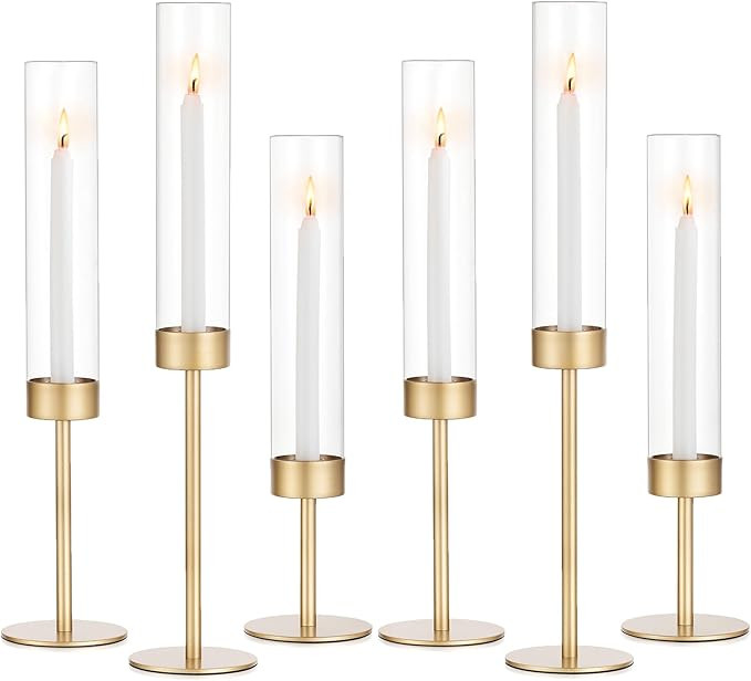 Glass Hurricane Candlestick Holders Gold - Romadedi Set of 6 Taper Candle Holder Bulk Tall Clear ... | Amazon (US)