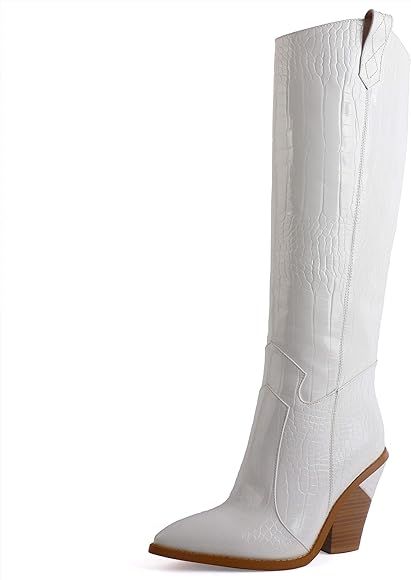 SOPHITINA Women's Knee High Western Boots Round Almond Toe Stacked Chunky Heels Thigh High White ... | Amazon (US)