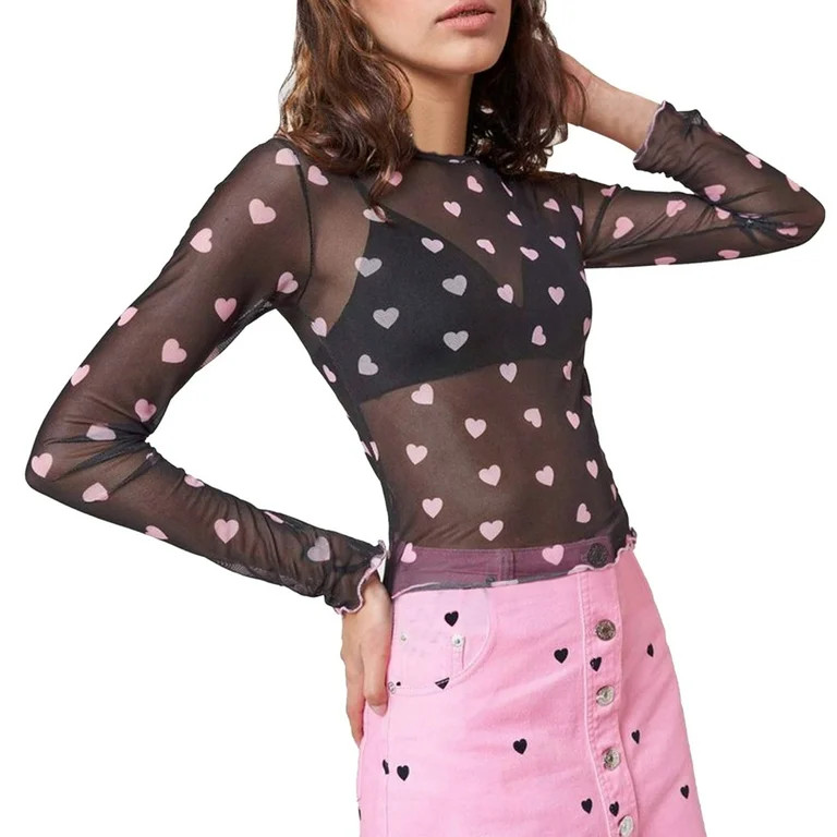 Lace Mesh Sheer Long Sleeve Tops for Women Layering Floral Embroidery See Through Tee Fitted Tigh... | Walmart (US)