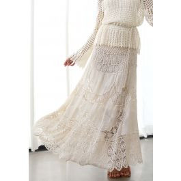 Artistry Floral Embroidered Crochet Maxi Skirt in Sand | Chicwish