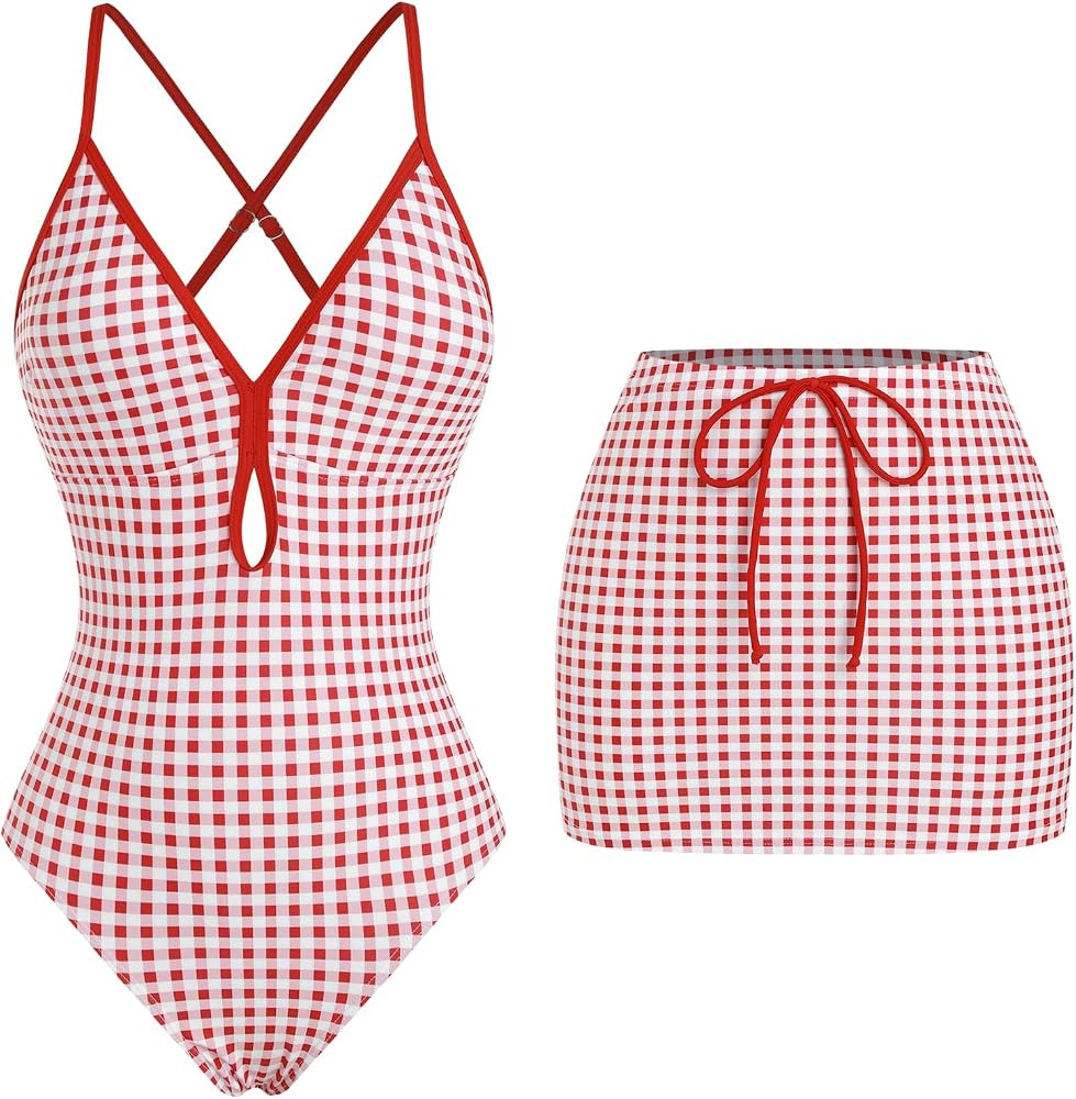 ZAFUL Women's One Piece Swimsuit with Skirt V Neck Colorblock Bathing Suit | Amazon (US)
