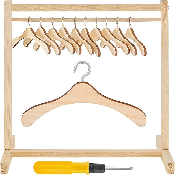 Doll Garment Rack with 10 Pcs Wooden Dolls Clothes Hanger 11.8 Inches Doll Closet Mini Doll Cloth... | Amazon (US)