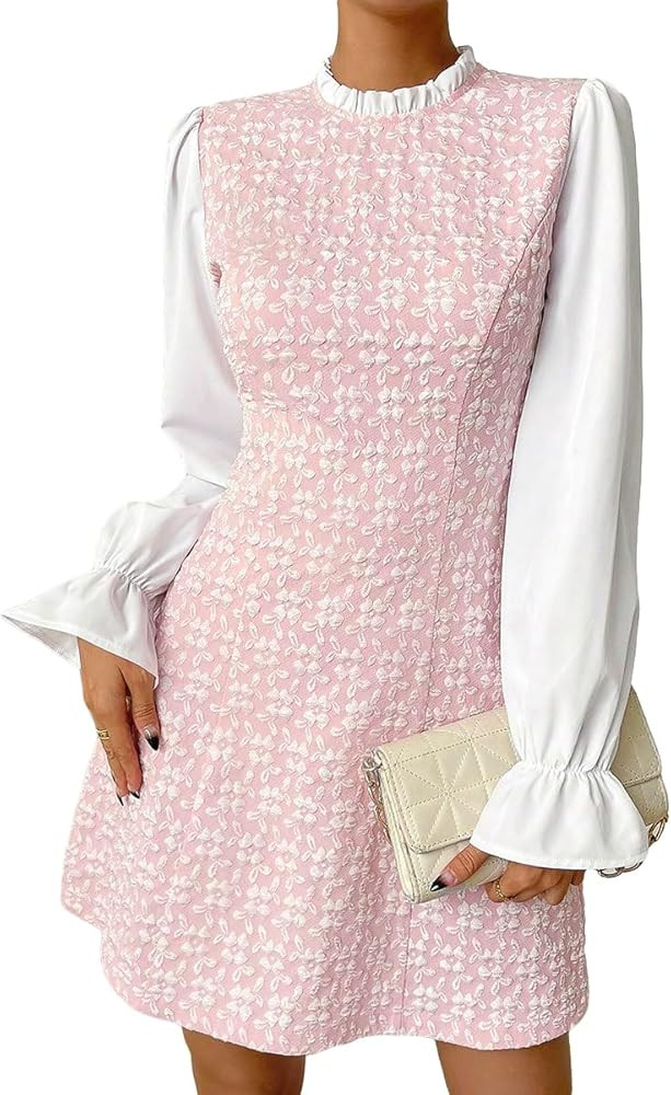 WDIRARA Women's Floral Color Block Frill Trim Mock Neck Flounce Long Sleeve Flared A Line Dress | Amazon (US)