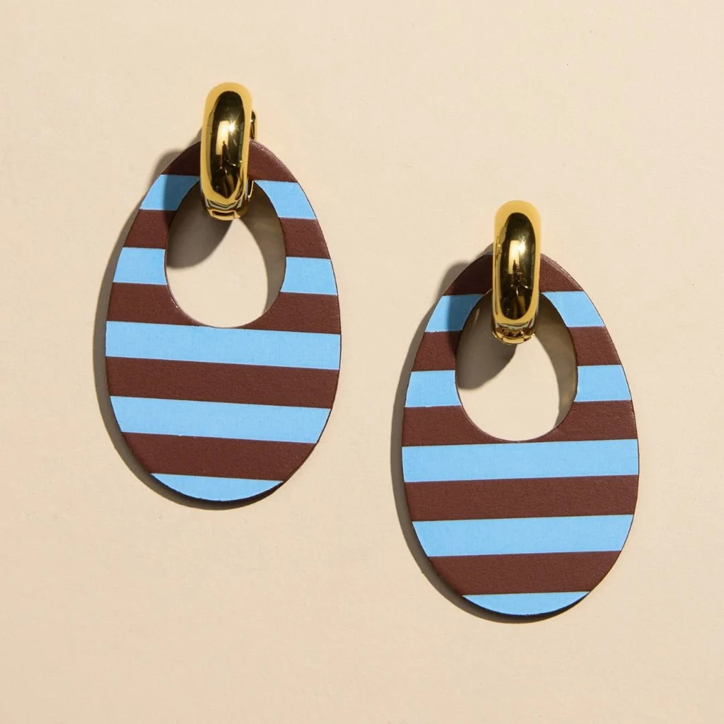 Brown Sideways Stripe Olivia Leather Hoop Earrings | Nickel and Suede