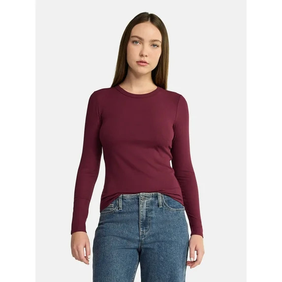 No Boundaries Ribbed Crewneck Tee with Long Sleeves, 1 or 2-Pack, Women's & Women's Plus - Walmar... | Walmart (US)