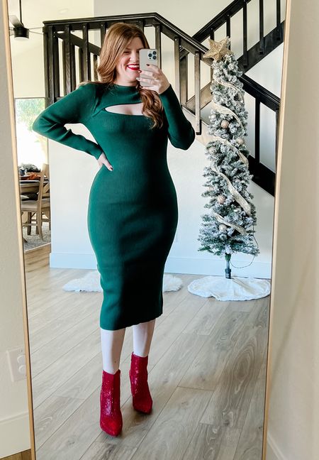 Green sweater dress from amazon wearing size medium. Holiday outfit. Holiday dress. Red boots. Holiday party outfit. 

#LTKstyletip #LTKHoliday #LTKshoecrush