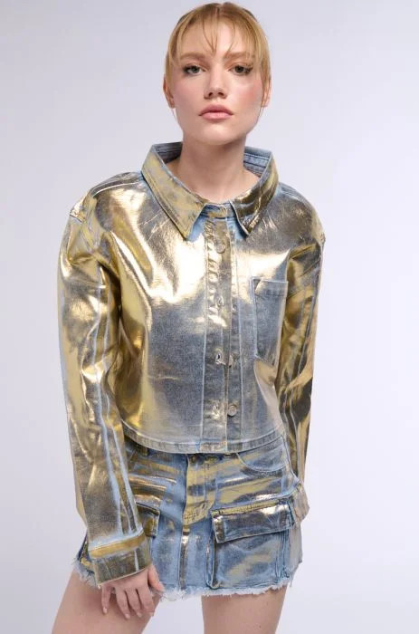 PROCEED WITH CAUTION METALLIC DENIM BUTTON DOWN | AKIRA