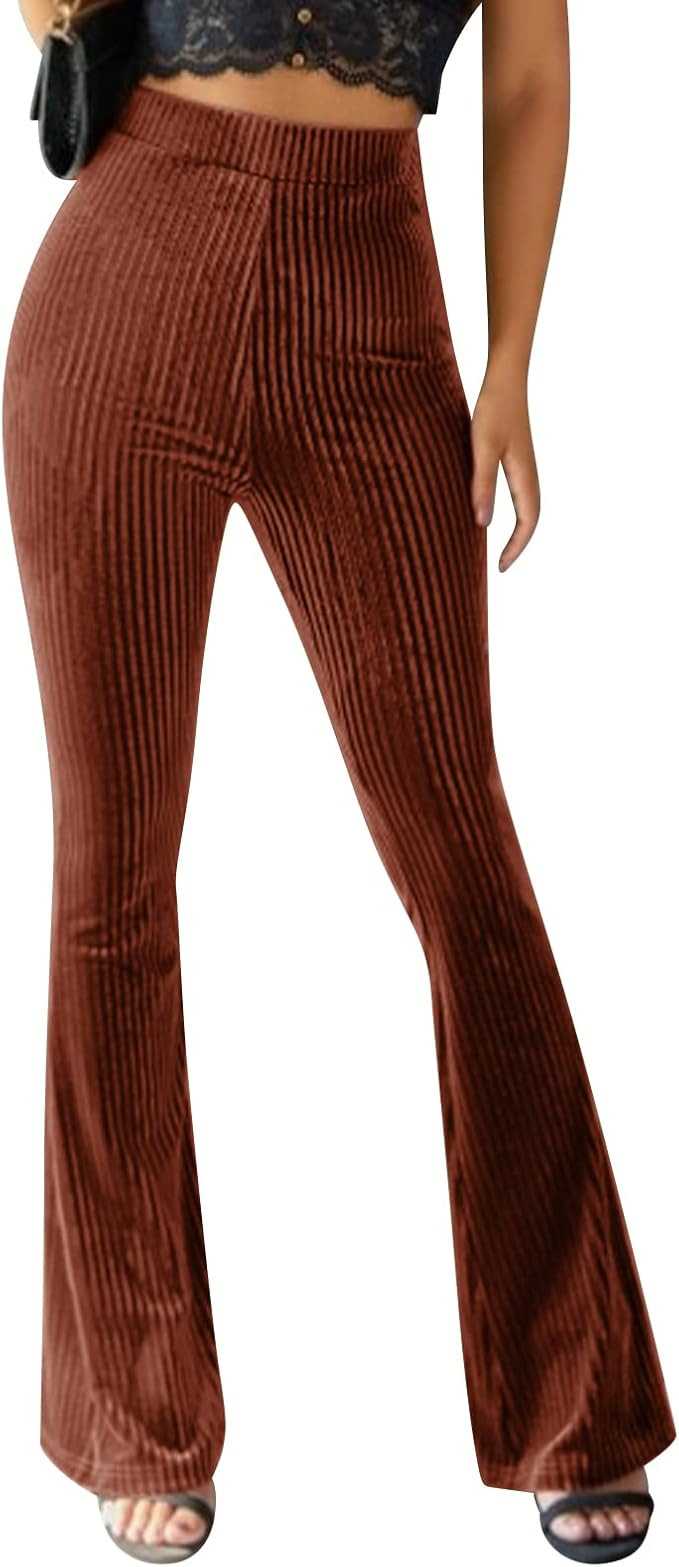 ODIZLI Women Velvet High Waisted Wide Leg Palazzo Flare Pants Solid Long Trousers | Amazon (US)