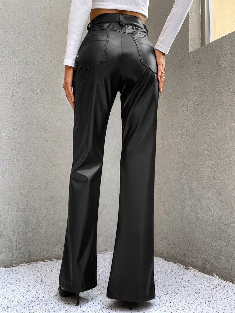 High Waist Slit Hem PU Leather Flare Leg Pants | SHEIN