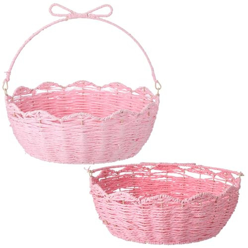 Ferrochef 2 Pcs Pink Bow Wicker Easter Basket with Folding Handles Scalloped Pink Baskets for Gifts Cute Picnic Woven Fruit Birthday Organizer Easter Egg Hunt Baskets Cute Cookies Beach Storage | Amazon (US)