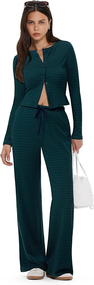 MOOSLOVER Women Long Sleeve 2 Piece Lounge Set Button Up Cardigan Matching Sets Wide Leg Y2K Airp... | Amazon (US)