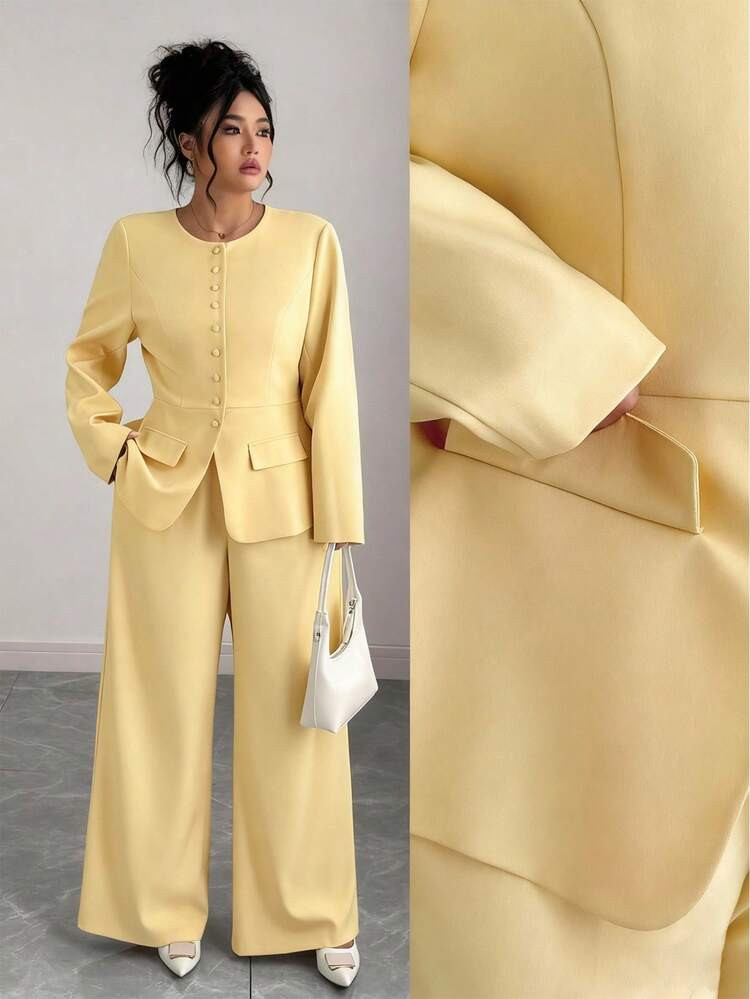 Elenzga Women's Elegant Formal Office Commute Casual Vacation Afternoon Tea Vintage Teacher Middle Eastern Solid Color Round Neck Waist A-Line Pocket Decorative Lining Open Front Button Blazer + Elastic Waist Loose Straight Leg Pants Suit, Pale Yellow Fall Cloth For Women Yellow Two Pieces Set Women Yellow Suit Yellow Pantsuit Two Pieces Pants Set Women Classy Two Pieces Set Autumn | SHEIN