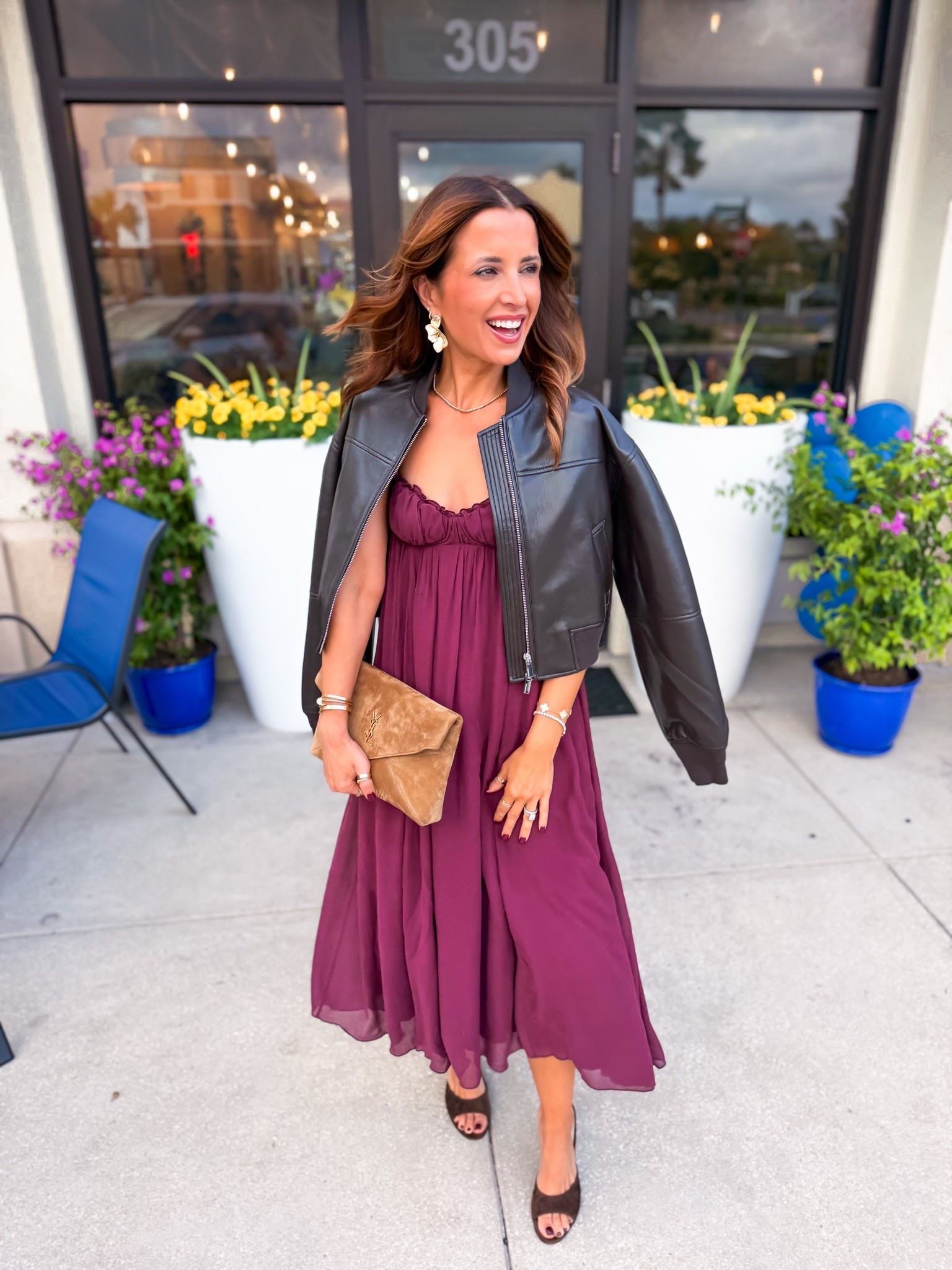 New fall arrivals from Aritzia! Fall outfits. Fall style. Elevated casual outfits. Everyday outfits. Cropped Faux leather bomber jacket in 2XS. Wedding guest dress. Cocktail dress in 00. Party dress. Fall dress. 
I went up half a size in Mule heels. YSL suede clutch. 
#LTKootd #LTKWedding #LTKSeasonal

#LTKootd #LTKWedding #LTKTravel