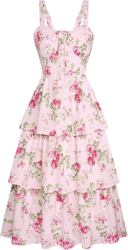 Scarlet Darkness Women's Floral Maxi Dress Summer Wedding Guest Dress Tiered Sleeveless Lace Up C... | Amazon (US)