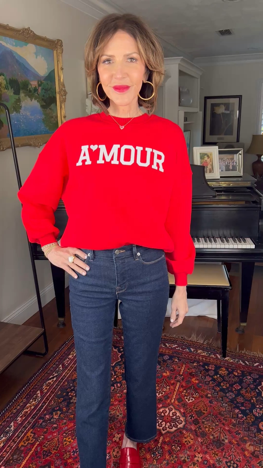 amour graphic pullover, straight leg jeans, gold hoop earrings, red loafers, valentine’s day outfit, over 50 outfits, casual outfit 

#LTKootd #LTKOver40 #LTKSeasonal