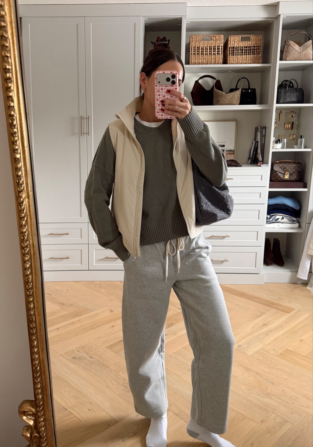 Sweater: sized up to a M 
White tee: true to size (S) 
Vest: true to size (S) 
Barrel sweatpants: true to size for a roomy fit (wearing my true S) you could size down if you don’t want them as baggy 
 

#LTKSeasonal #LTKSaleAlert #LTKootd