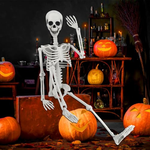 36" Skeleton Halloween Decor, 3FT Posable Halloween Skeleton Decorations, Realistic Full Body Plastic Skeleton for Halloween Party Decor, Haunted House Graveyard Props Indoor Outdoor Decorations | Amazon (US)