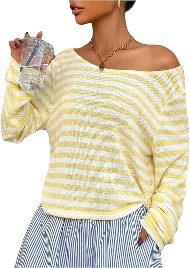 Women's Y2k Striped Off The Shoulder Top Ribbed Long Sleeve Casual Loose Tee Tops | Amazon (US)