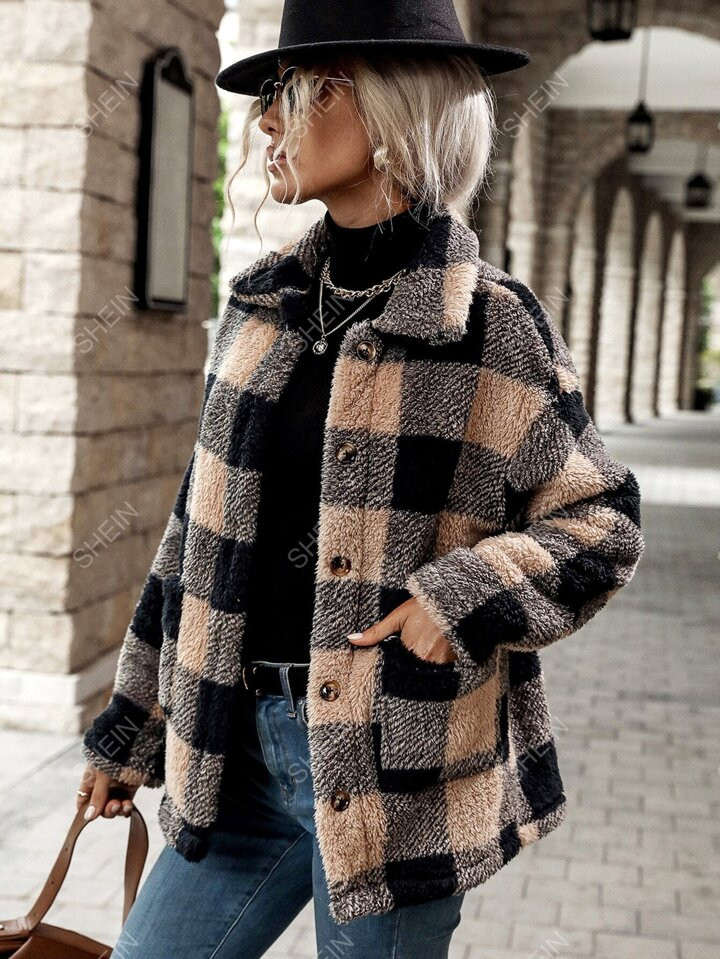 SHEIN LUNE Buffalo Plaid Pattern Dual Pocket Drop Shoulder Flannel Coat | SHEIN