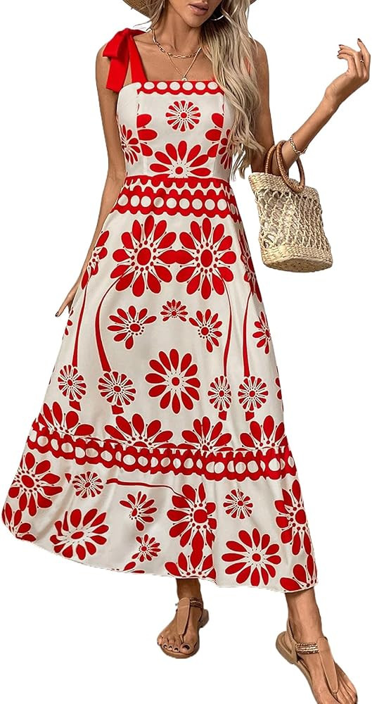 Women's Floral Print Maxi Dress - Adjustable Tie-Shoulder, Lightweight Beach & Summer | Amazon (US)