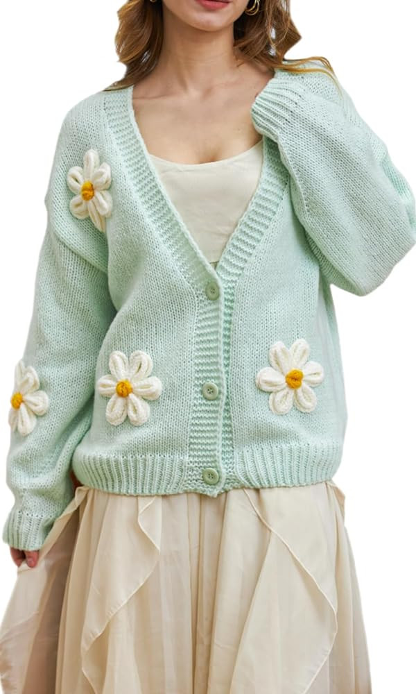 Y2k Sweater Cardigan for Women, Long Sleeve V-Neck Button Crochet Flower Knit Womens Clothes. | Amazon (US)