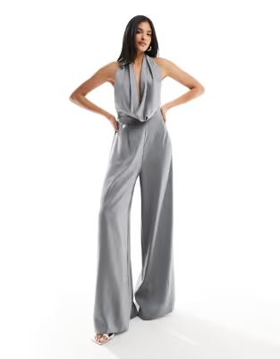 ASOS DESIGN satin cowl neck halter jumpsuit in silver | ASOS (Global)