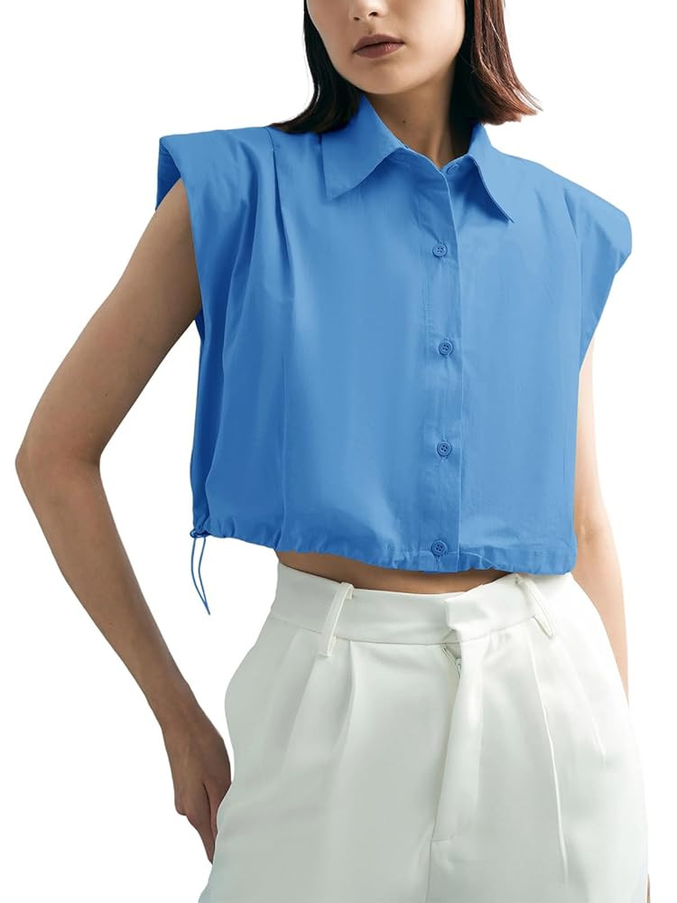 Tankaneo Womens Sleeveless Button Down Shirts Casual Loose V Neck Pad Shoulder Crop Tank Top | Amazon (US)