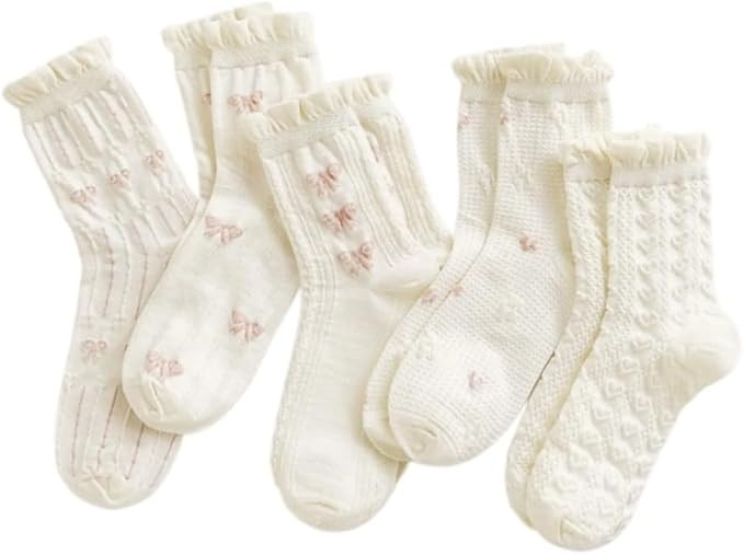 5 Pair Cute Ankle Socks for Women Coquette Bow Print Ruffle Frilly Cotton Socks Lace Trim Breatha... | Amazon (US)