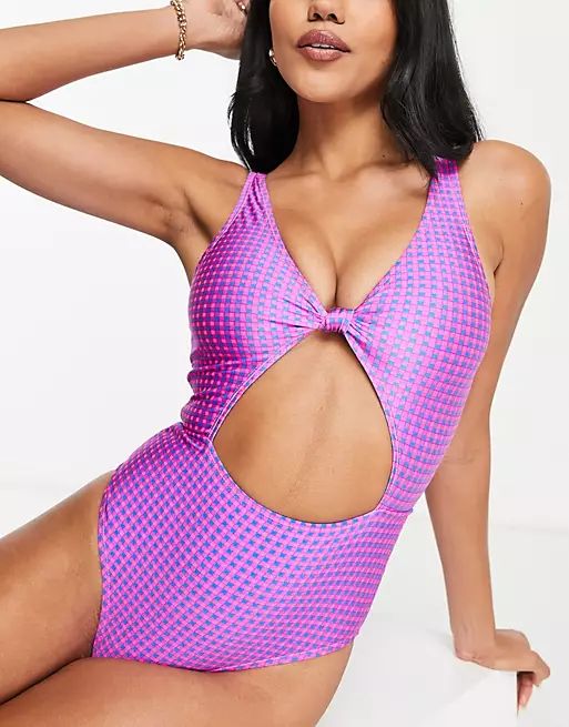 Topshop gingham knot front swimsuit in neon pink - LPINK | ASOS (Global)