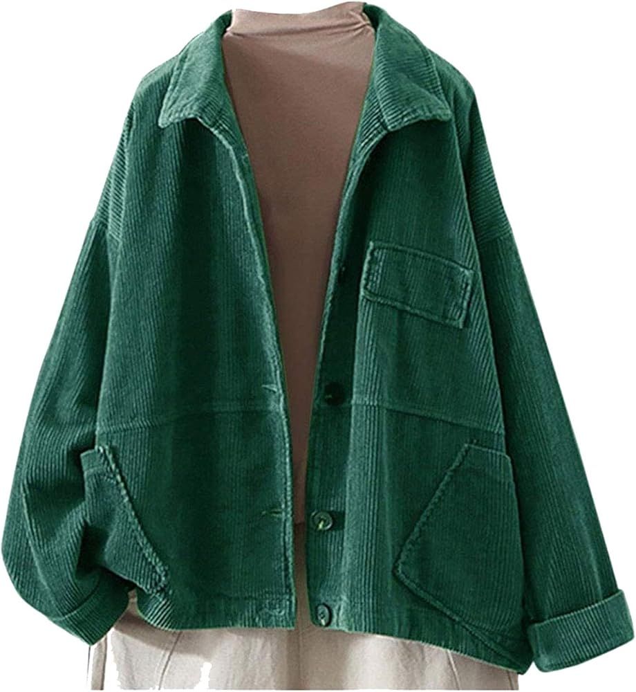 Ladyful Women's Baggy Corduroy Jacket Lapel Long Sleeve Coat Outwear | Amazon (US)