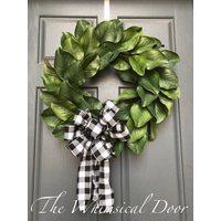 Farmhouse bow buffalo plaid bow wreath bow black and white plaid bow magnolia wreath bow | Etsy (US)