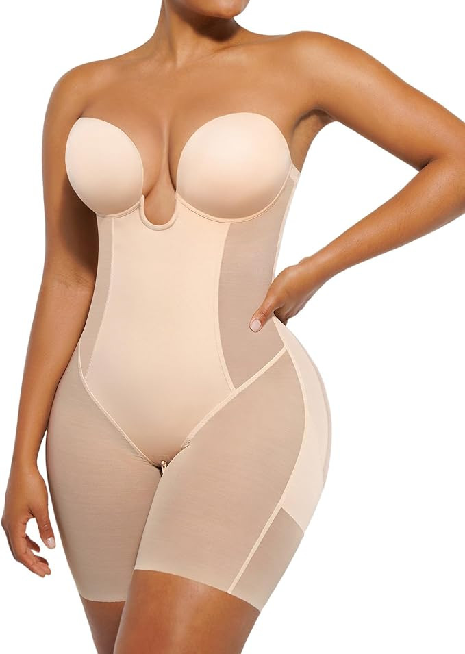 SHAPELLX Strapless Shapewear for Women Deep Plunge Corset Tummy Control Backless Bodysuit Mid Thi... | Amazon (US)