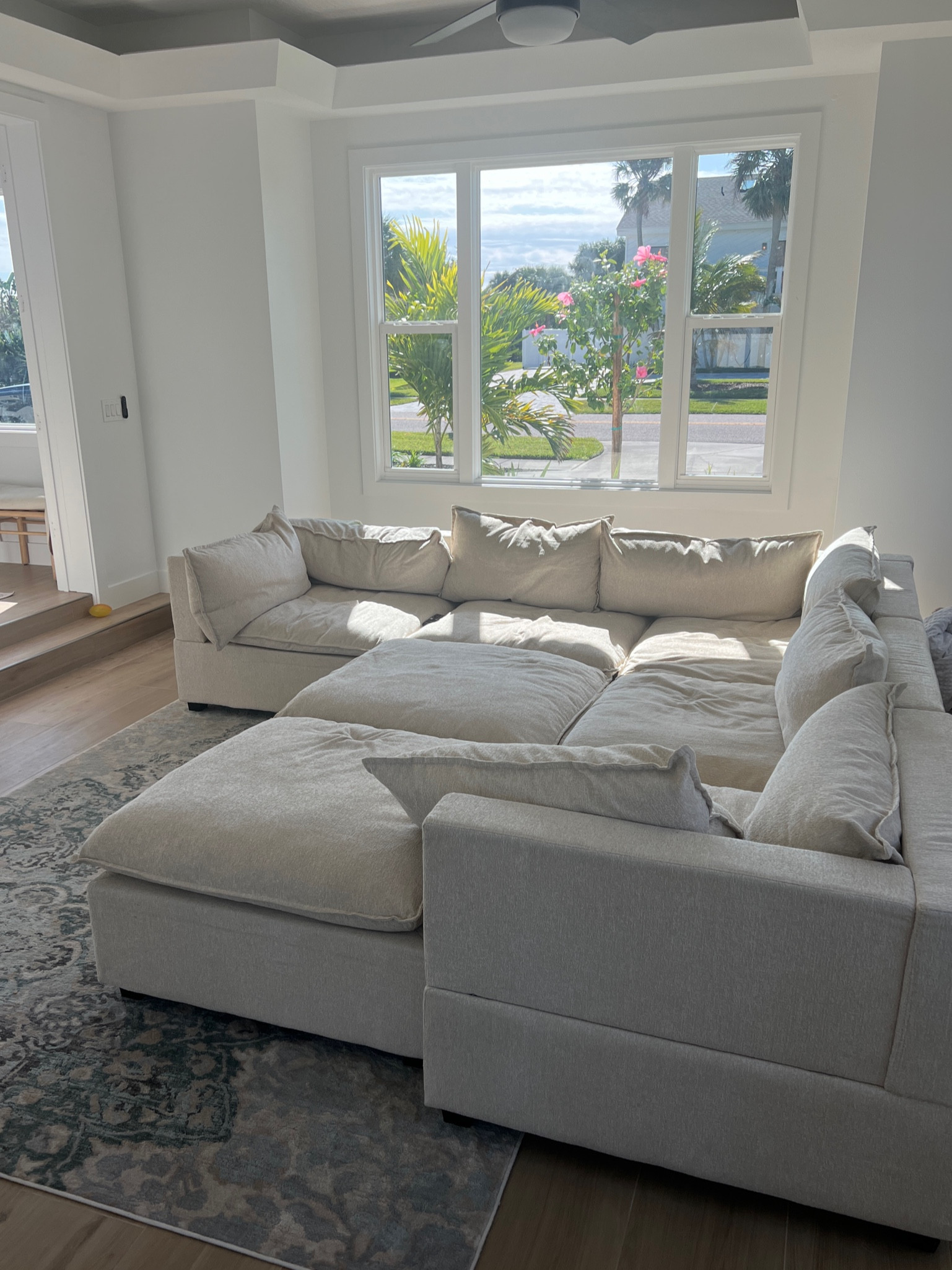 Cloud couch dupe, the best couch ever! Both of my sister-in-laws have purchased this since we got ours. The pieces click together so they don’t slide and there are lots of different configurations. We have the L with two ottomans. So comfortable! 