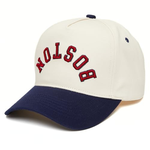 Funky Junque Retro Boston Hat – Baseball Cap with Upside Down City Arched Embroidery – Unisex Adjustable Snapback for Game Day, Streetwear – Boston (Navy/Beige) | Amazon (US)