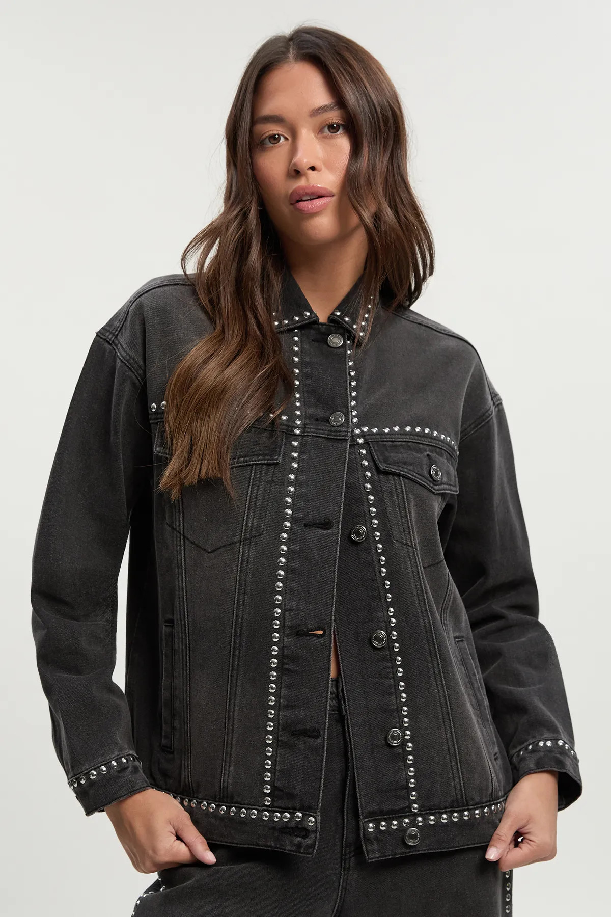 Washed Black Studded Oversized Denim Jacket | Boohoo | Boohoo.com (UK & IE)
